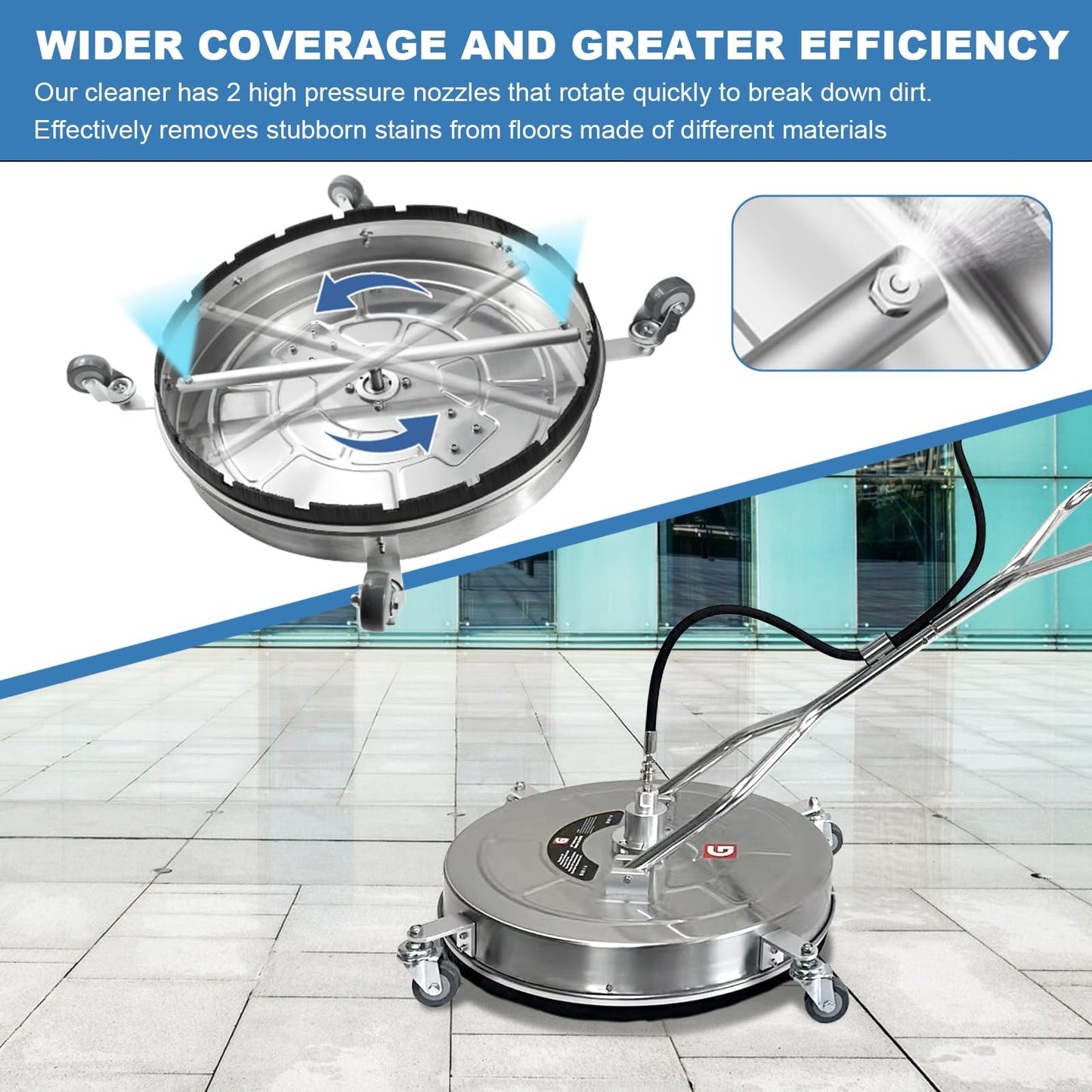 BouPower 30" Pressure Washer Surface Cleaner with 4 Wheels, 5200PSI Stainless Steel Surface Cleaner Attachment, Stainless Steel Dual Handle Pressure Washer for Concrete Driveway Sidewalk Deck Patio