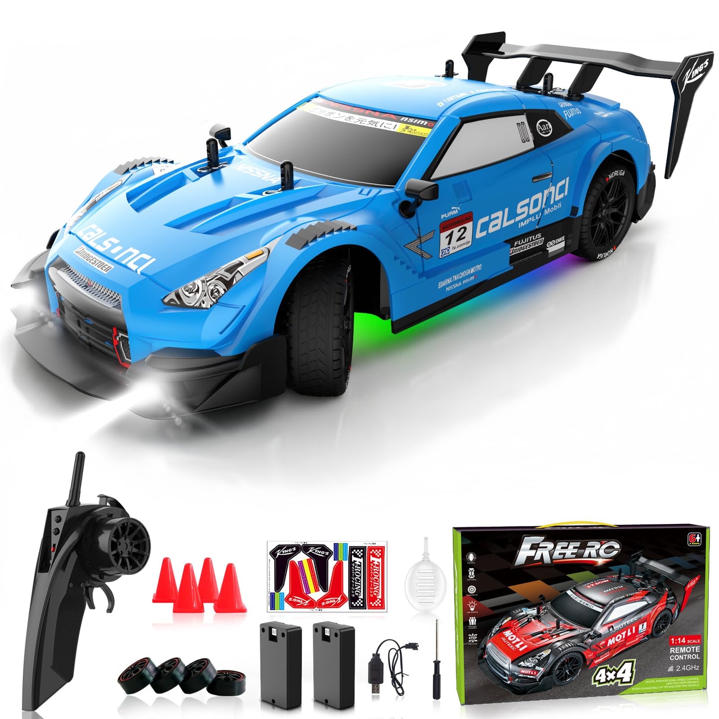 LFOLUSU Remote Control Car RC Drift Car 1:16 Scale 4WD RC Vehicle with LED Lights 2.4GHz 30km/h RTR High Speed Racing Sport Toy for Adults Boys Girls Kids Gift 2Pcs Rechargeable Battery