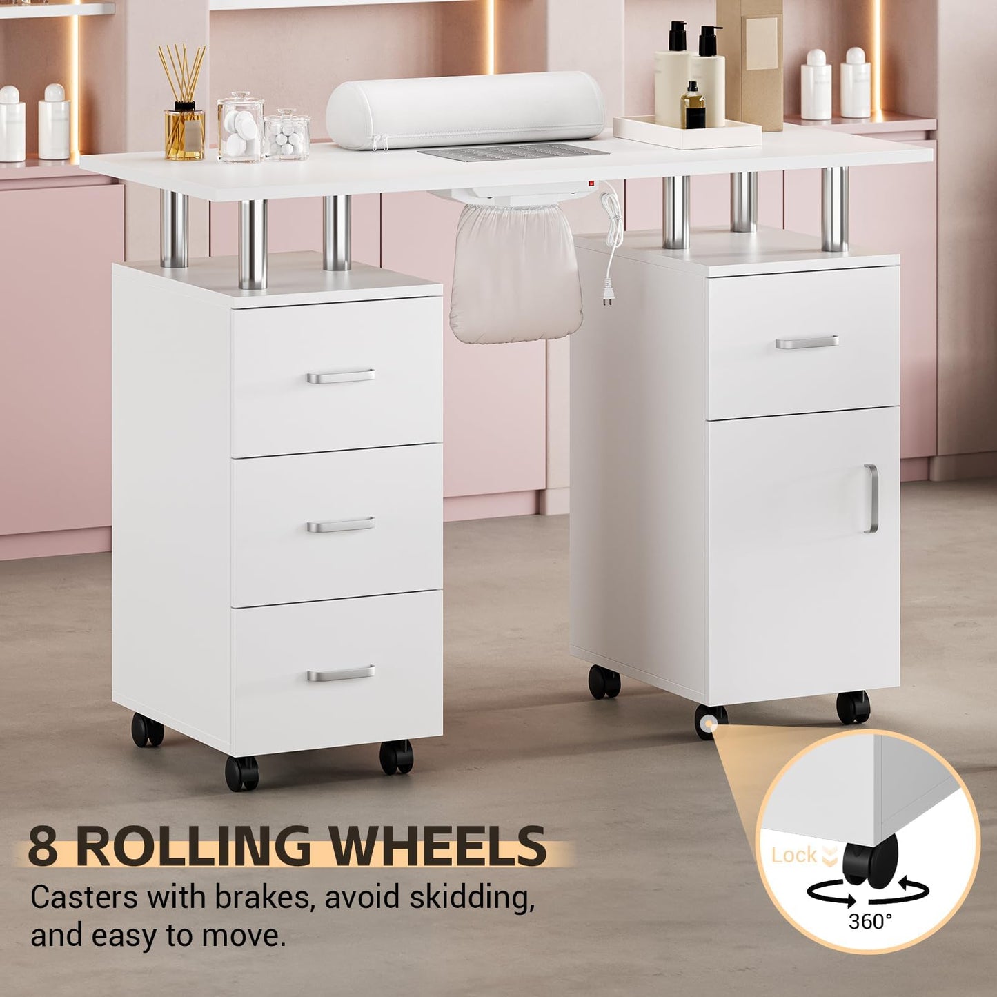 CuisinSmart White Manicure Table with Dust Collector, 42" Nail Desk for Nail Tech with Lockable Wheels, 4 Storage Drawers, Arm Rest, Acetone Resistant Top and Storage Cabinet