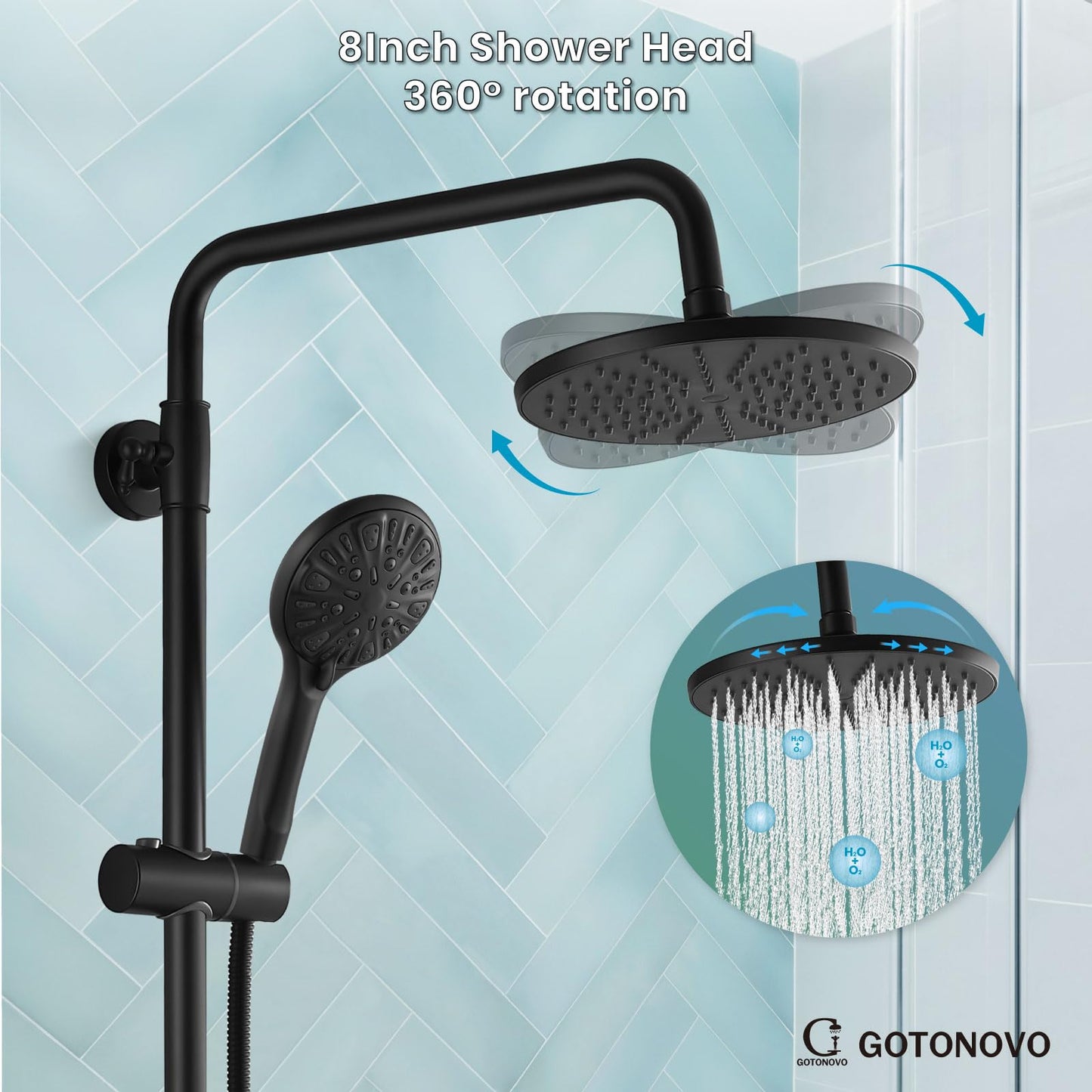 gotonovo Exposed Shower Faucet Set 8 Inch Rainfall Showerhead 3-Function Shower Fixture with Tub Spout 2 Corss Handles Shower System, Matte Black