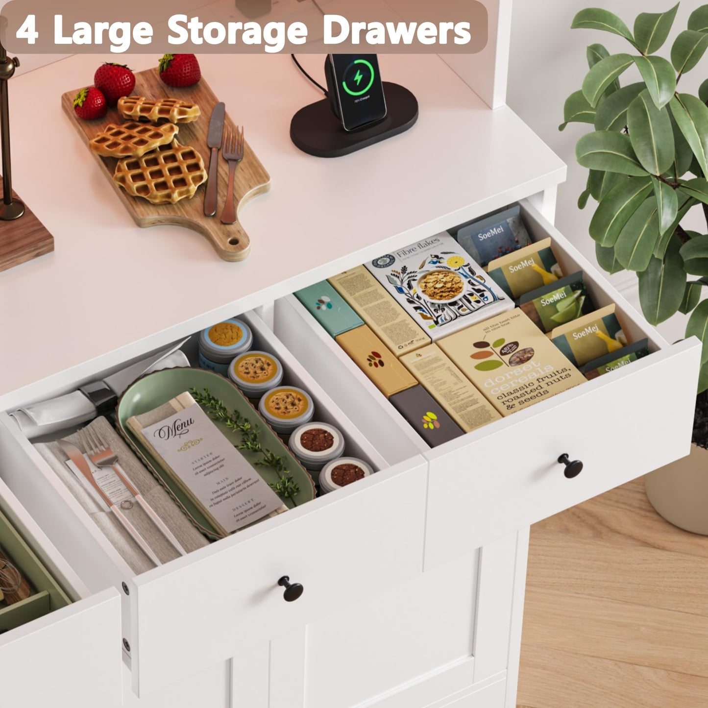 HIFIT 72" LED Kitchen Pantry Cabinet with Power Outlet & Cup Hooks, Tall Kitchen Hutch Storage Cabinets with Countertop Microwave Stand, Food Pantry Cabinet with Drawers for Dining Living Room, White