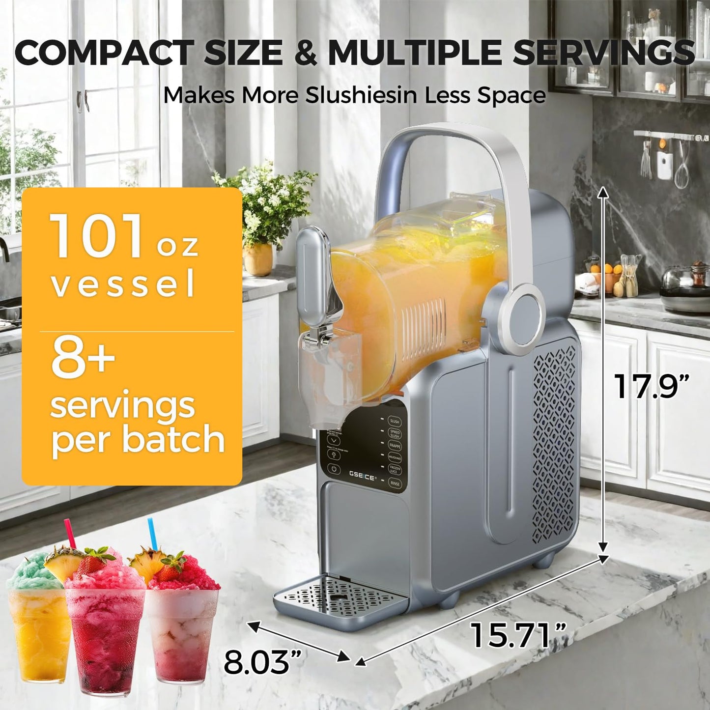 GSEICE Slushie Machine, 101oz Large Capacity Slushy Machine for Home with Portable Handle, Real-time Temp Display, 5 Preset Modes for Slushie, Margaritas, Frappés, Milkshake, and Juice