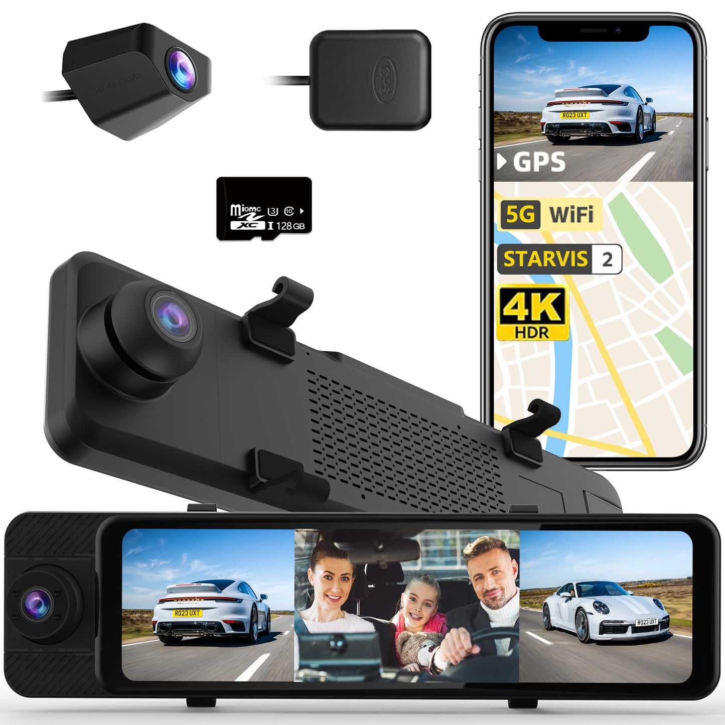 3 Channel Rear View Mirror Camera, 4K+1080P+1080P Front Inside and Rear Car Camera, 12" Touch Screen Backup Camera with 5GHz WiFi GPS, 24H Parking Mode, HDR Night Vision, G Sensor, Free 128G Card