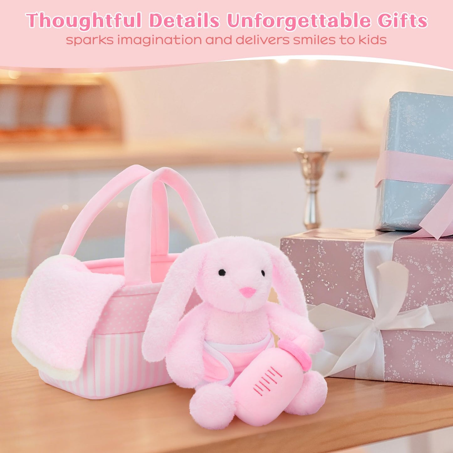 MaoGoLan 5pcs Baby Bunny Doll Set Bunny Plush Toys for Girls Kids, Pink Bunny Stuffed Animal with Doll Accessories (Bassinet/Diaper/Bottle/Blanket), Pretend Play Toys, Gift for Little Girls