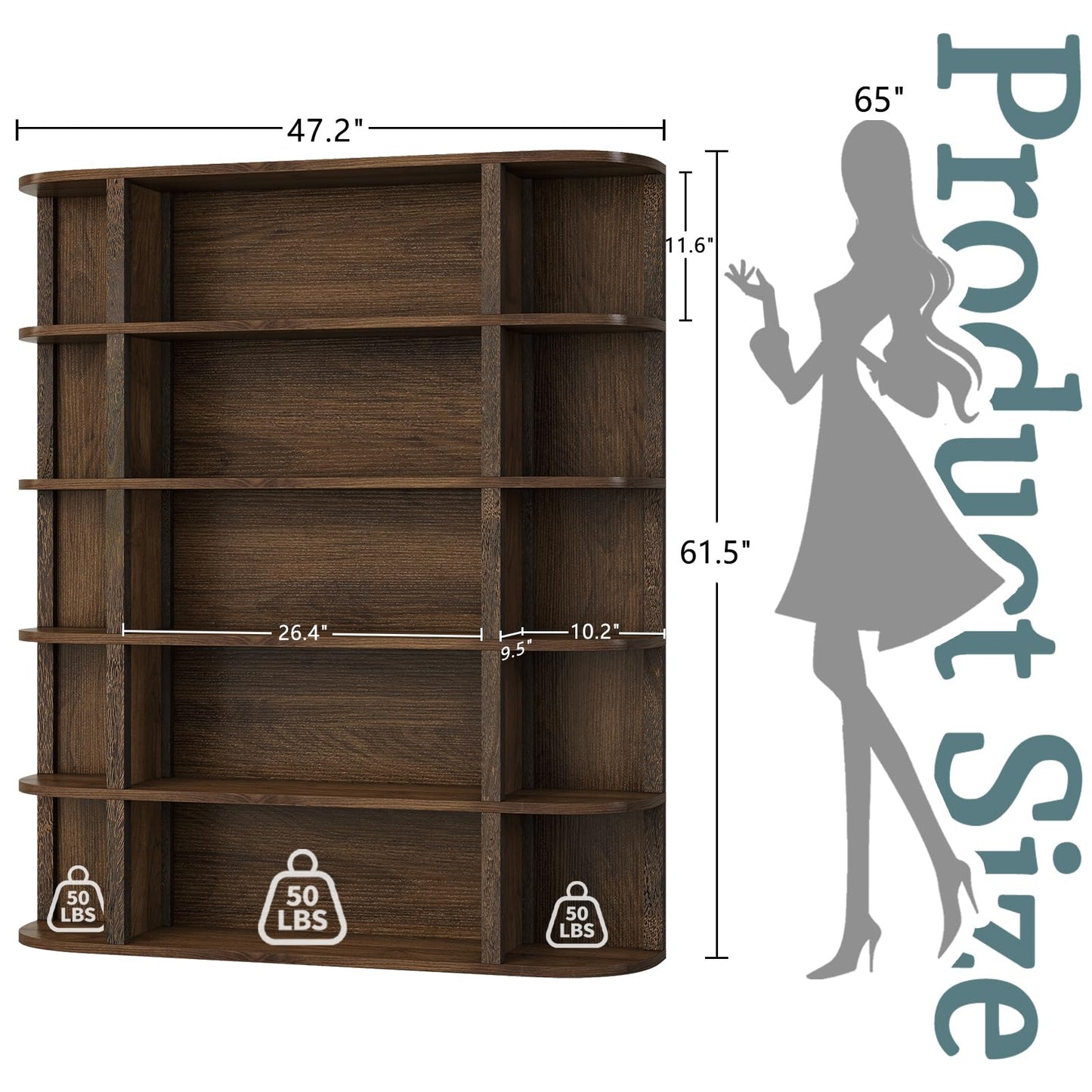 TVU 5-Tier Wood Book Shelf, 47" Wide Large Bookshelf and Bookcase, 62" Tall Bookshelf with Curved Side Shelves, Freestanding Wood Display Book Shelves for Living Room, Home Office, Walnut
