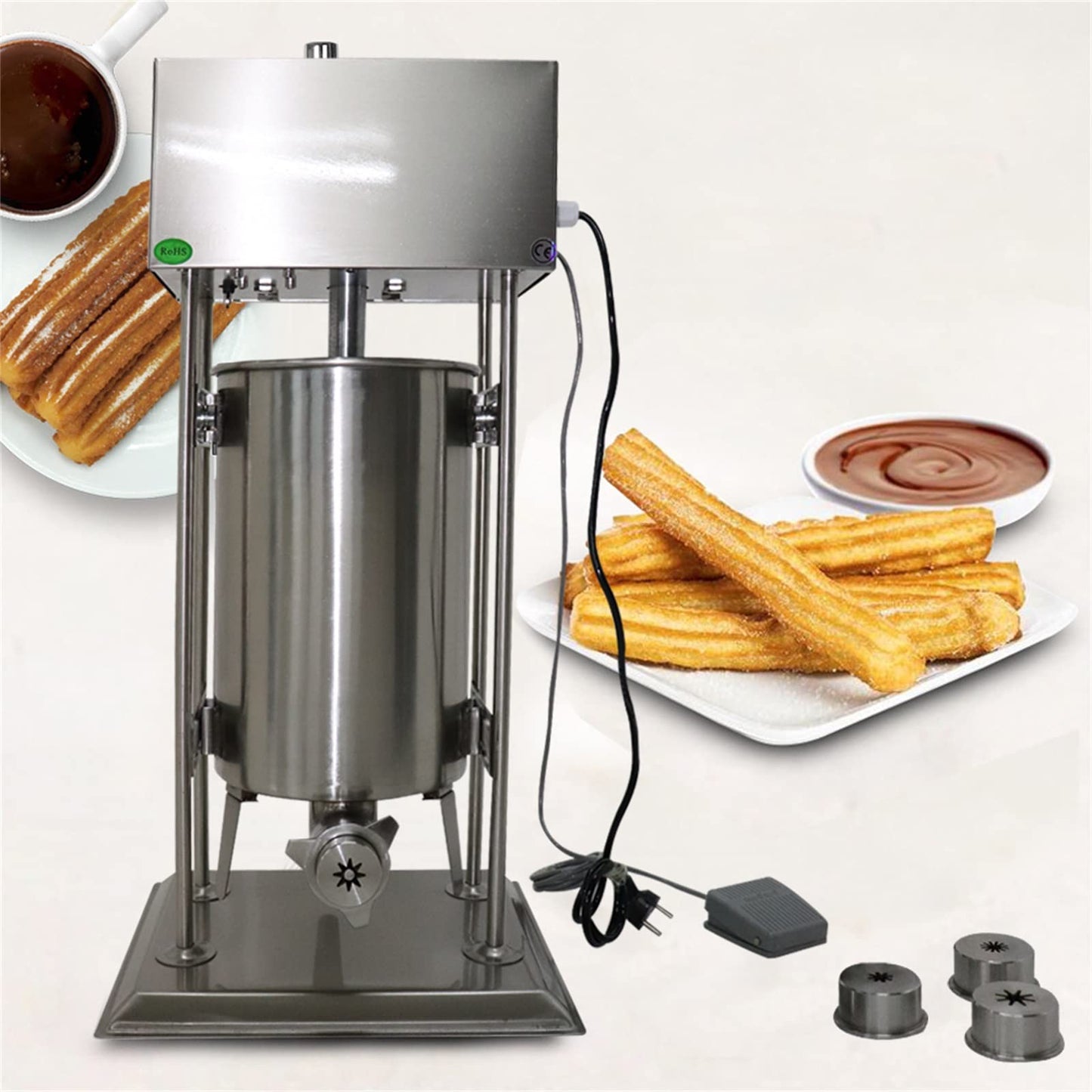 Commercial Electric Churro Machine, 15L Vertical Stainless Steel Spanish Donut Churrera Churros Machine, Electric Vertical Latin Fruit Machines with 4 Moulds for Restaurants Bakeries Cafeterias
