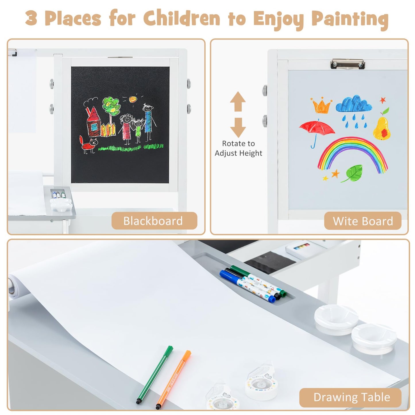 INFANS 3 in 1 Kids Art Table and Chair Set, Toddler Craft and Play Wood Activity Desk with Double-Sided Easel Blackboard Whiteboard, Paper Roll for Writing, Children Furniture for Daycare Nursery