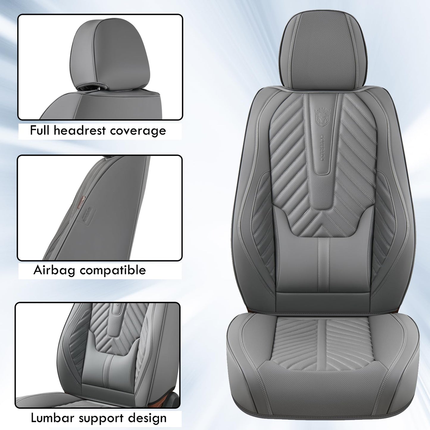 Coverado Car Seat Covers, Leatherette Seat Covers Full Set, Automotive Seat Covers Protector Cover Seat Universal Fit for Most Cars SUV Truck with Lumbar Support(Gray)