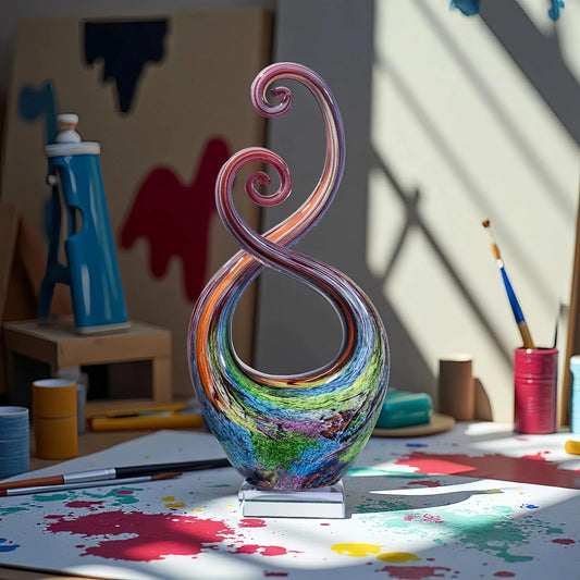 Mysphex 14″ Hand Blown Art Glass Sculpture with Base - Murano Style Weatherproof Multicolor Swirled Abstract Art Decor for Indoor Outdoor Use