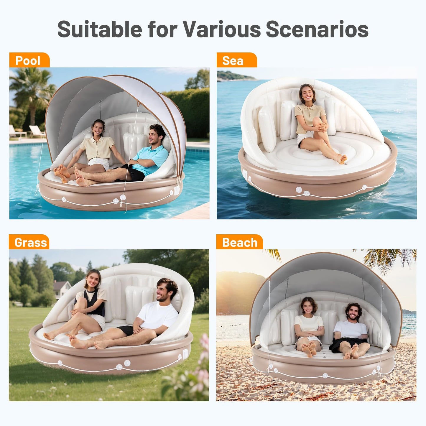 SPORFIT Tanning Pool Lounger with Canopy, 73" Inflatable Floating Island 2 Person w/UPF 50 Detachable Sunshade, Comfy Backrest & 3 Pillows, 440LBS Max Load, Pool Floats Adult for Lake Beach Backyard