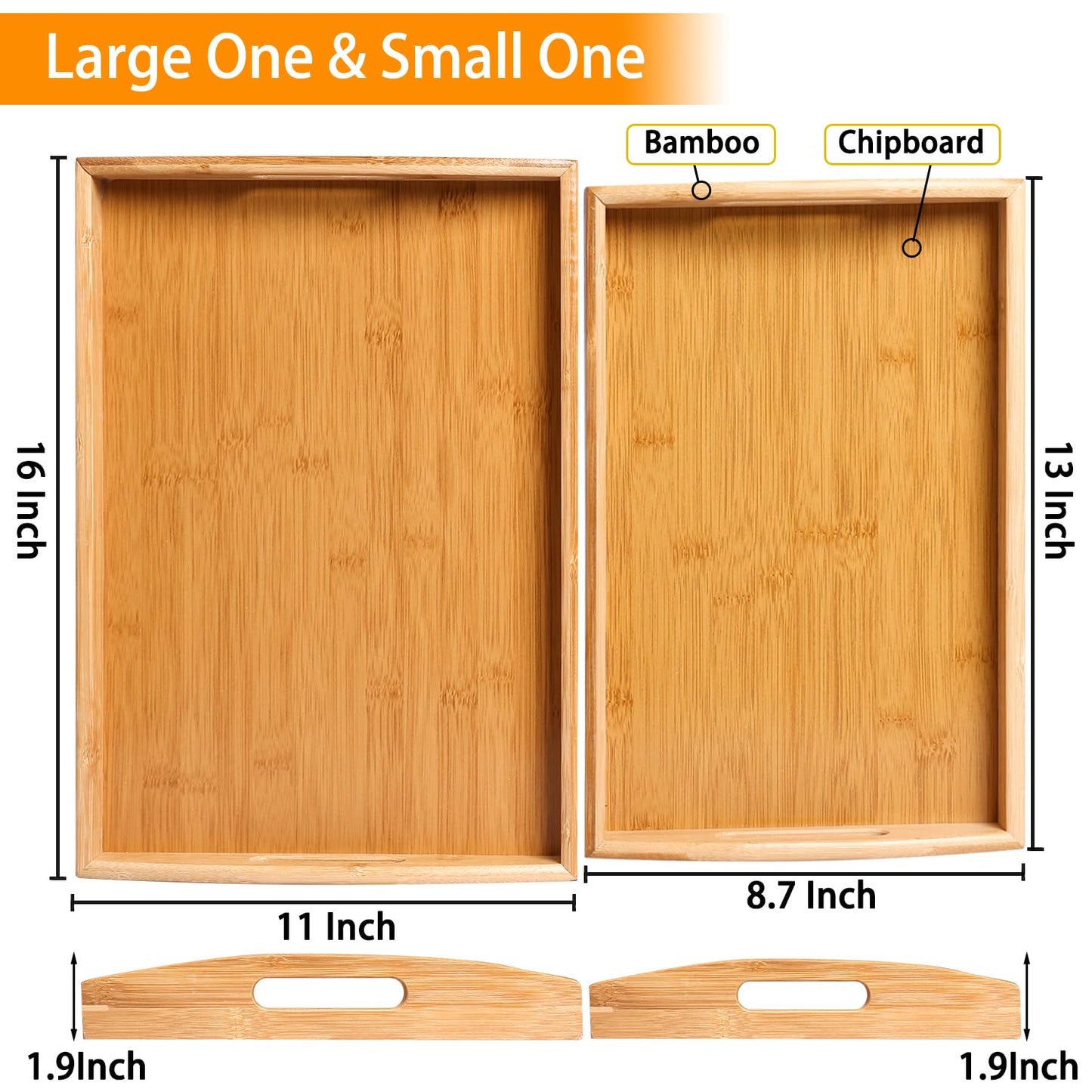 2 Pack Bamboo Serving Tray with Handles, Portable Bed Tray for Breakfast Dinner, Eating Trays for Living Room,Restaurants