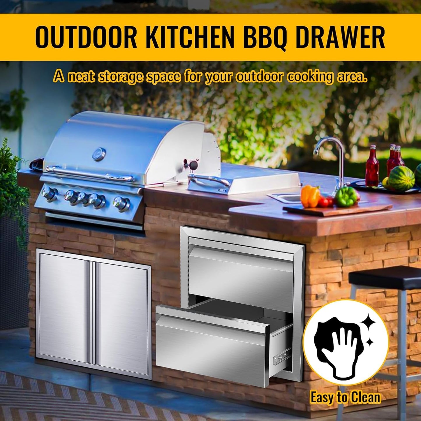 RAILEN Outdoor Kitchen Double Drawers 18''W x 15''H x 23''D Inch Stainless Steel Flush Mount BBQ Drawers for Outdoor Kitchen Island or Patio Grill Station