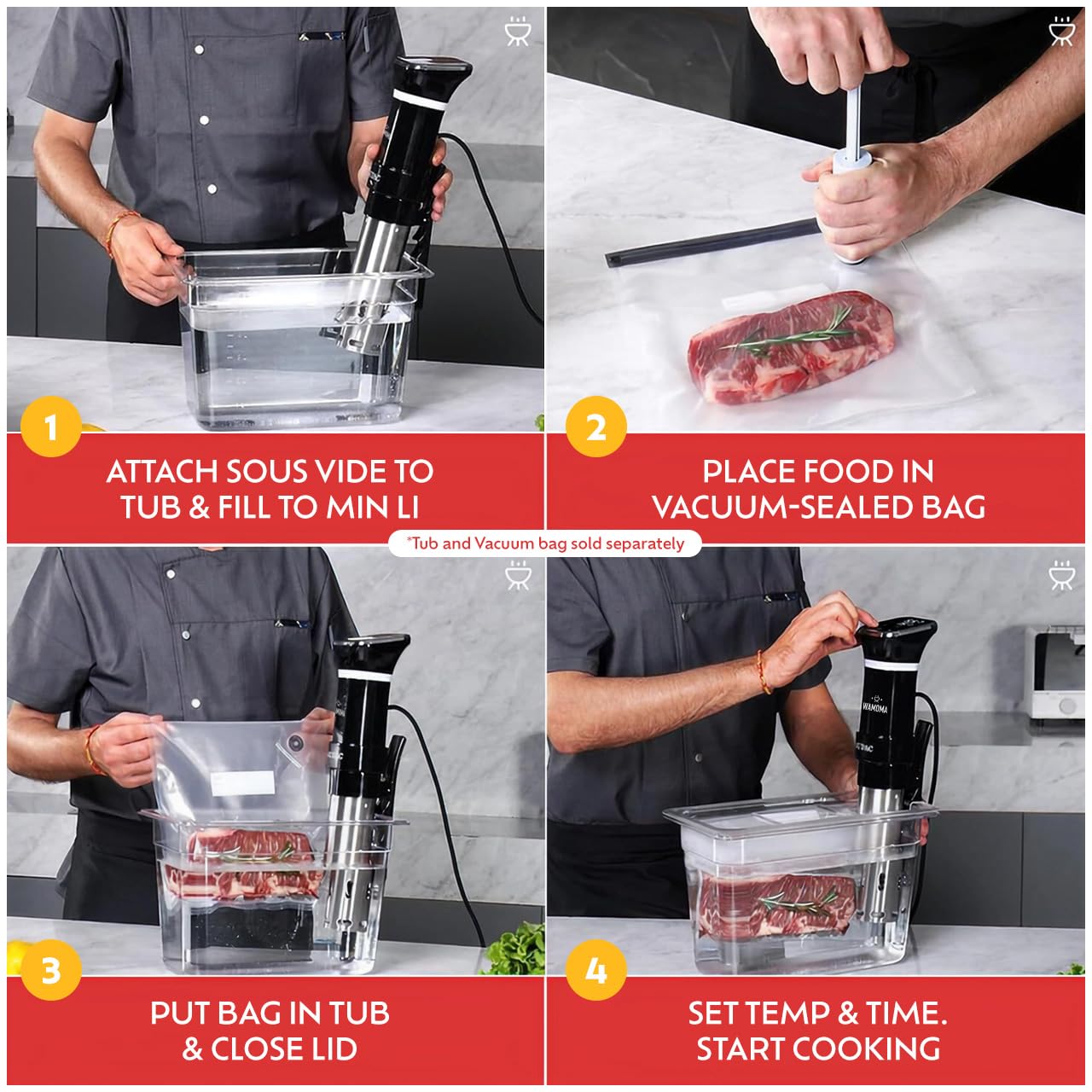 Wamoma Sous Vide Precision Cooker & 12 Quart Water Container with Free Cookbook, 1100W Ultra-Quiet Motor, IPX7 Waterproof, Smart Chip Technology, Perfectly Cooked Meals