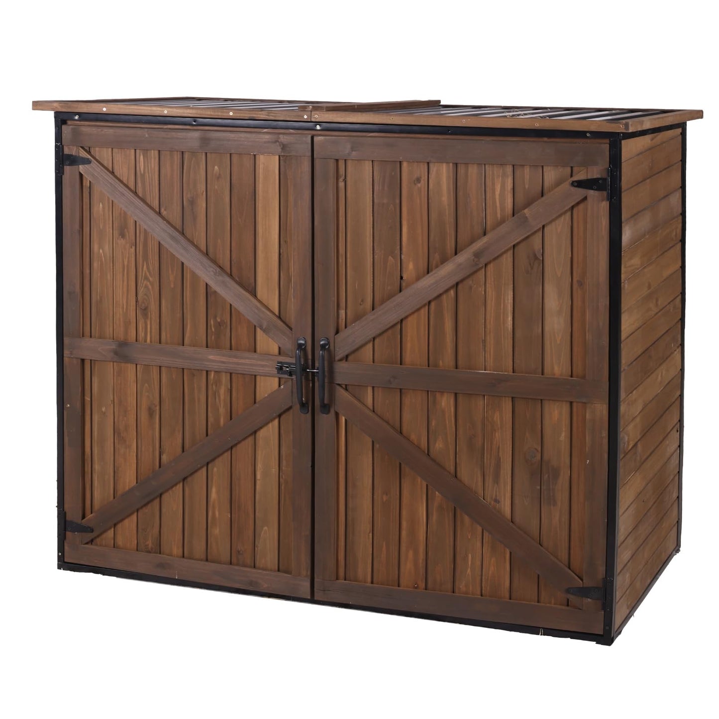 Joyqinchen Outdoor Storage Shed with Strong Metal Frame, Wooden Garden Sheds with Adjustable Shelves and Removable Floor, Weatherproof Outdoor Trash Can Shed, Horizontal Storage Cabinet for Patio