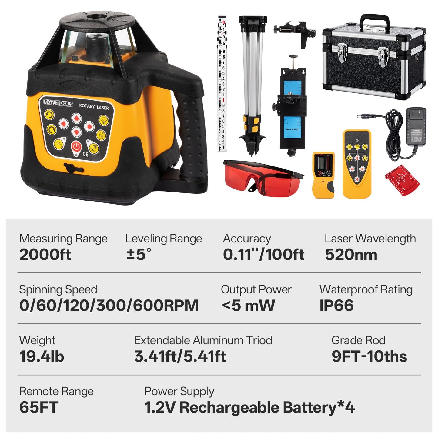 Self-Leveling Rotary Laser Level Kit, Class II ≤ 5 mW Red Laser, 2000 ft Range with Receiver, ±1/8" Accuracy at 100 ft, IP66 Waterproof, Includes Tripod & Grade Rod
