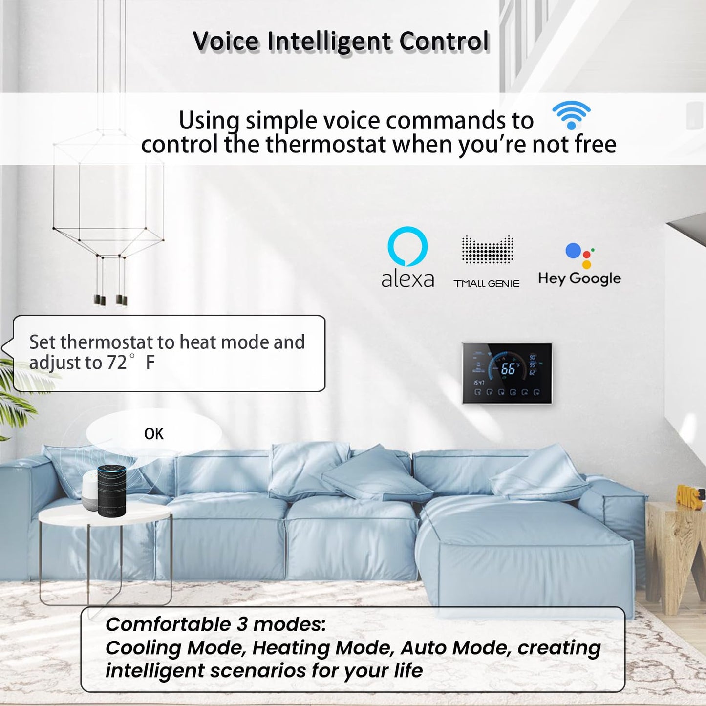 Bestechy Smart Thermostats for Home, Digital Thermostat with App, WiFi Thermostats for Home Heat Pumps, Cooling Heating & Auto, Includes C-Wire Adapter, LCD Screen/Voice Control/Weather/Energy Saving
