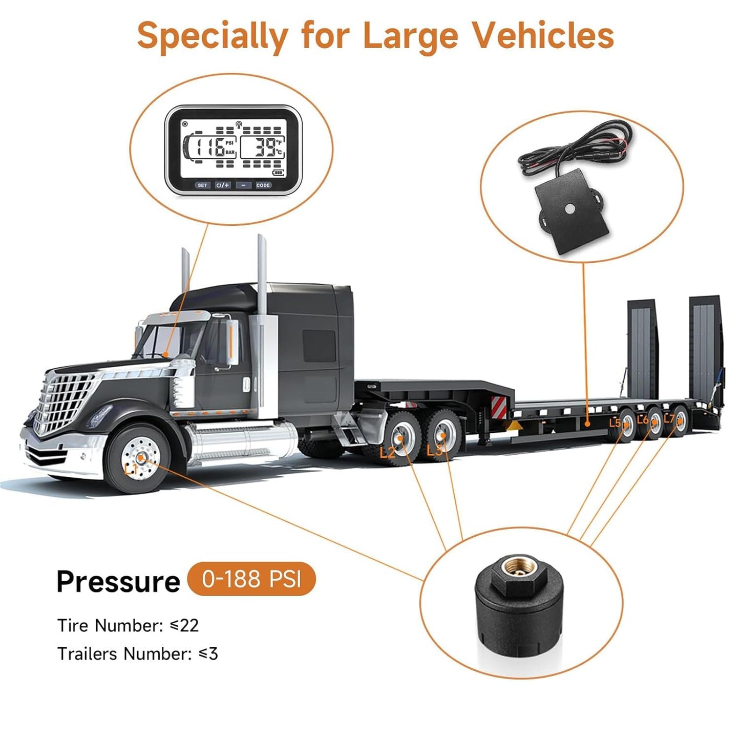 MIRAIDON 4.3" Trailer Tire Pressure Monitoring System with 10 Sensors, RV TPMS with 5 Alert Modes, Solar Power Wireless TPMS, 80ft Sensing Distance Tire Pressure Monitor for Trailers, Heavy Trucks