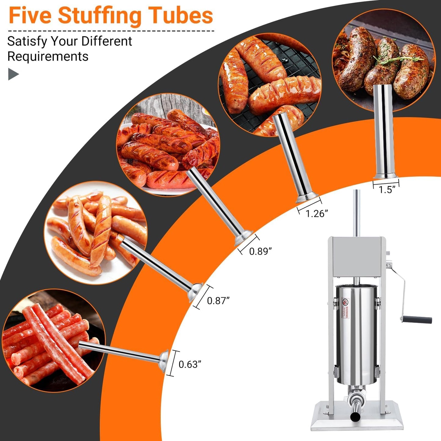 Manual Stainless Steel Sausage Maker, 10L Capacity Meat Stuffer with Dual Speed and 5 Stuffing Tubes, Heavy Duty Sausage Filler for Home Kitchen and Commercial Use