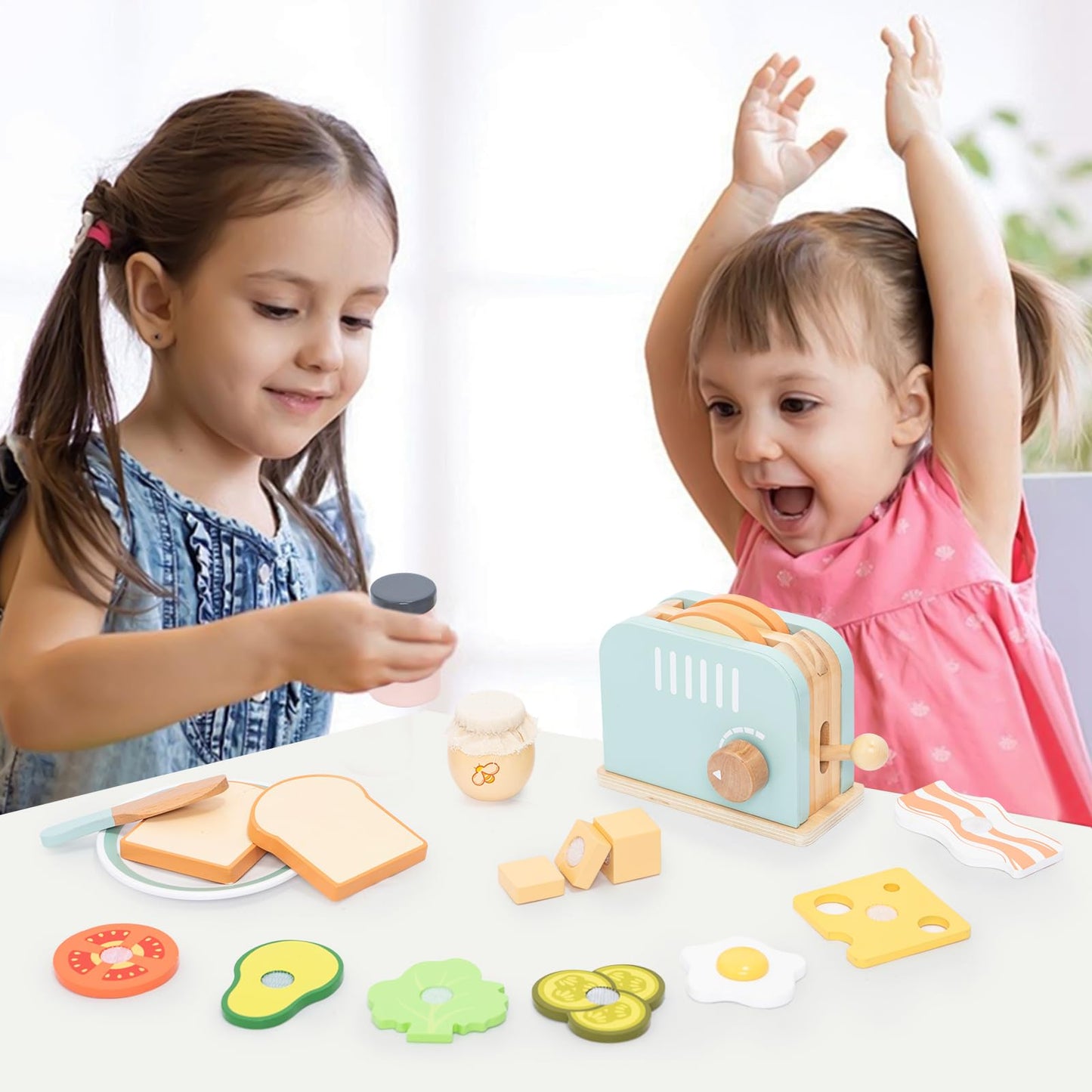 JugueteLand Wooden Pop up Toaster Play Kitchen Set, 17PCS Play Food Accessories for Toddlers Early Learning,Pretend Play Breakfast Playset, Toys Gift for Toddlers Girls & Boys