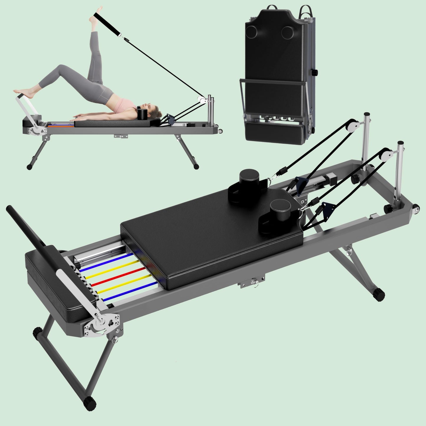 KEIKI Pilates Reformer Machine, Foldable Pilates Core Board Bed for Home Workout, Multifunctional Yoga Studio Equipment w/Resistance Band & Adjustable Footbar Reformer Height, Easy Assembly, Black