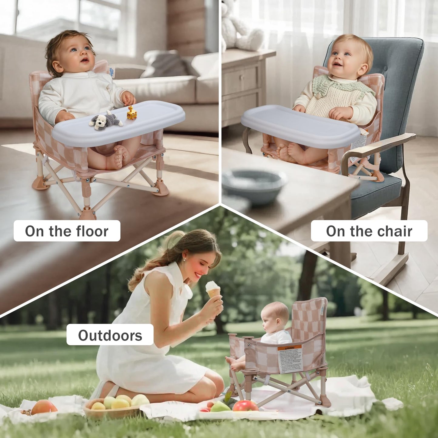 Tiny Marvels Portable 3-in-1 Baby Chair, Cozy Booster Seat, Baby Seat with Tray, Compact Foldable, Toddler Chair with Child Safety Belt Carry Bag, Perfect for Travel (Sand Checker)