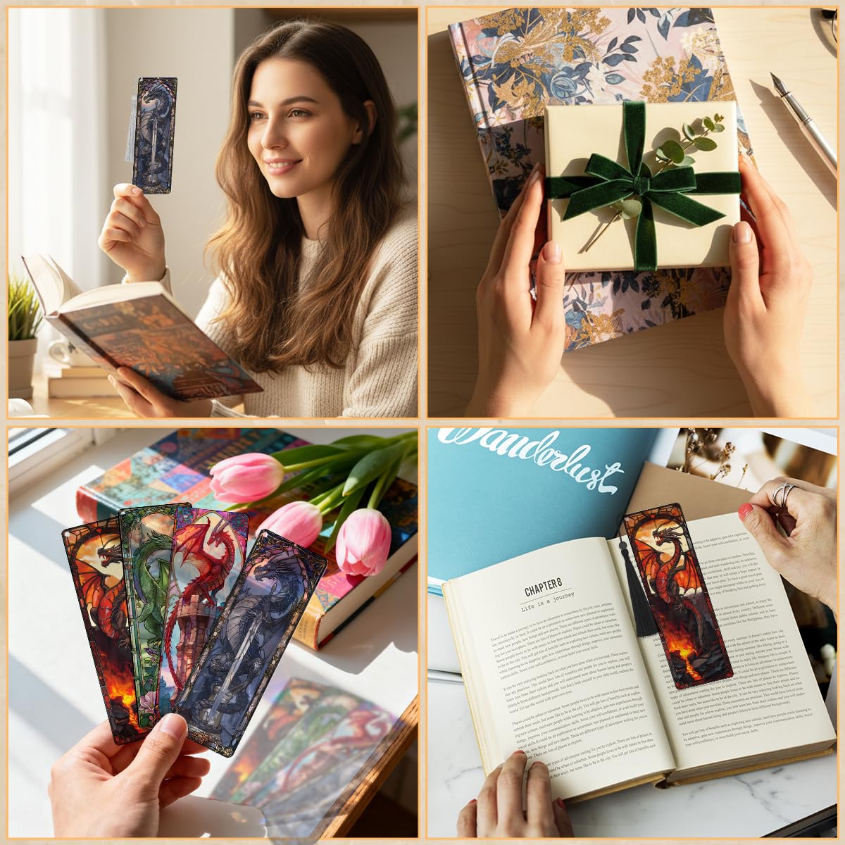 Zaamwoyy 4 Pcs Stained Glass Dragon Bookmarks Gifts for Women Men, Transparent PVC Bookmark with Tassels, Cool Book Lovers Accessories, Unique Reading Book Marks for Bookish Office School