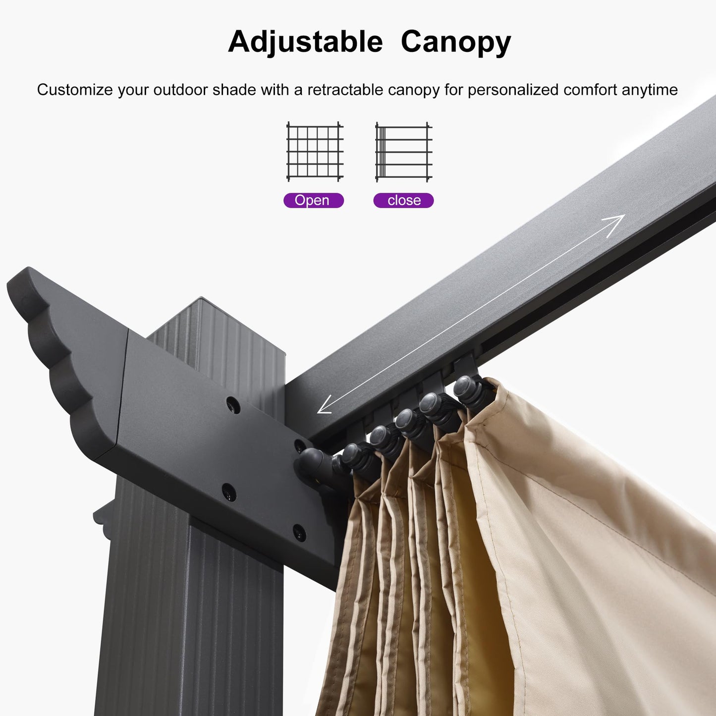 PURPLE LEAF 10' X 10' Outdoor Pergola with 4-Sided Curtains Retractable Canopy Patio Aluminum Sun Shade for Garden Deck Porch Gazebo Pavilion Grill Modern Yard Grape Trellis Pergola Beige