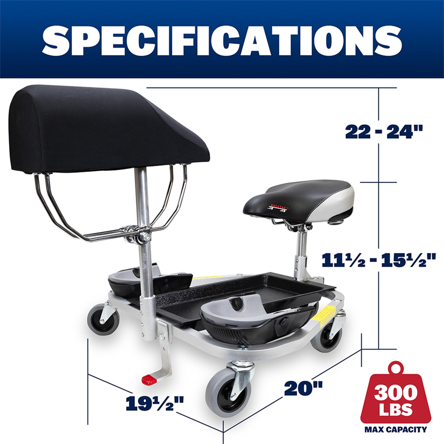 Racatac Kneeling/Sitting Creeper, 3 Inch Casters, Chest Support, Knee Pads, Made in The USA, 01RAC3CS