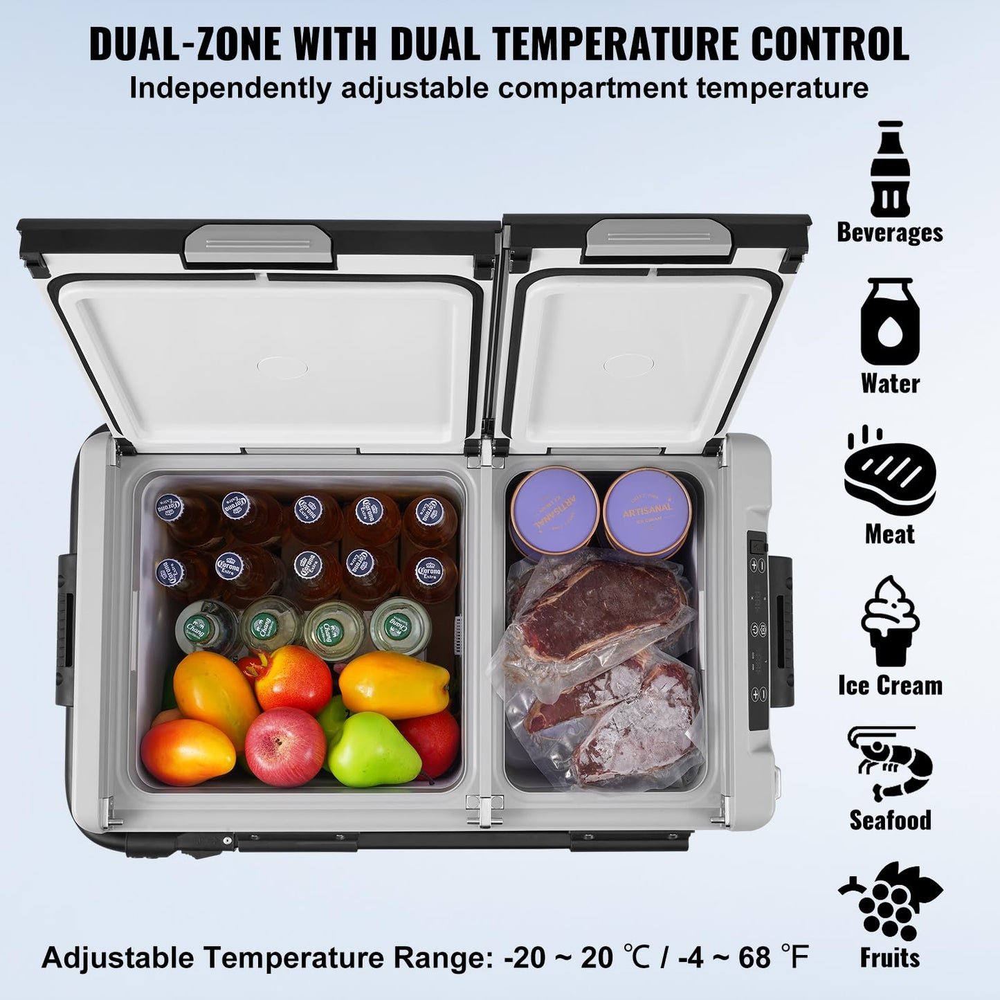 VEVOR Portable Car Refrigerator, 12 Volt Car Refrigerator Fridge, 58 L / 61.5 QT Dual Zone Portable Freezer, -4℉-68℉ Adjustable Temperature, Compressor Cooler for Home, Outdoor, Camping, RV, Car