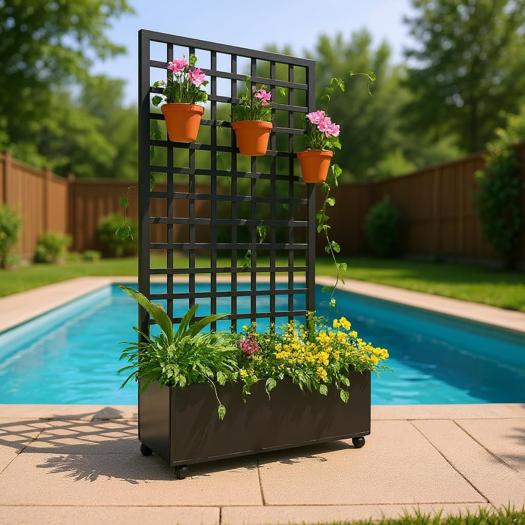 Tedyle Raised Garden Bed with Trellis & Wheels – Large Outdoor Planter Box with Drainage Holes & Privacy Screen for Climbing Plants & Vines, 72" x 35", Black