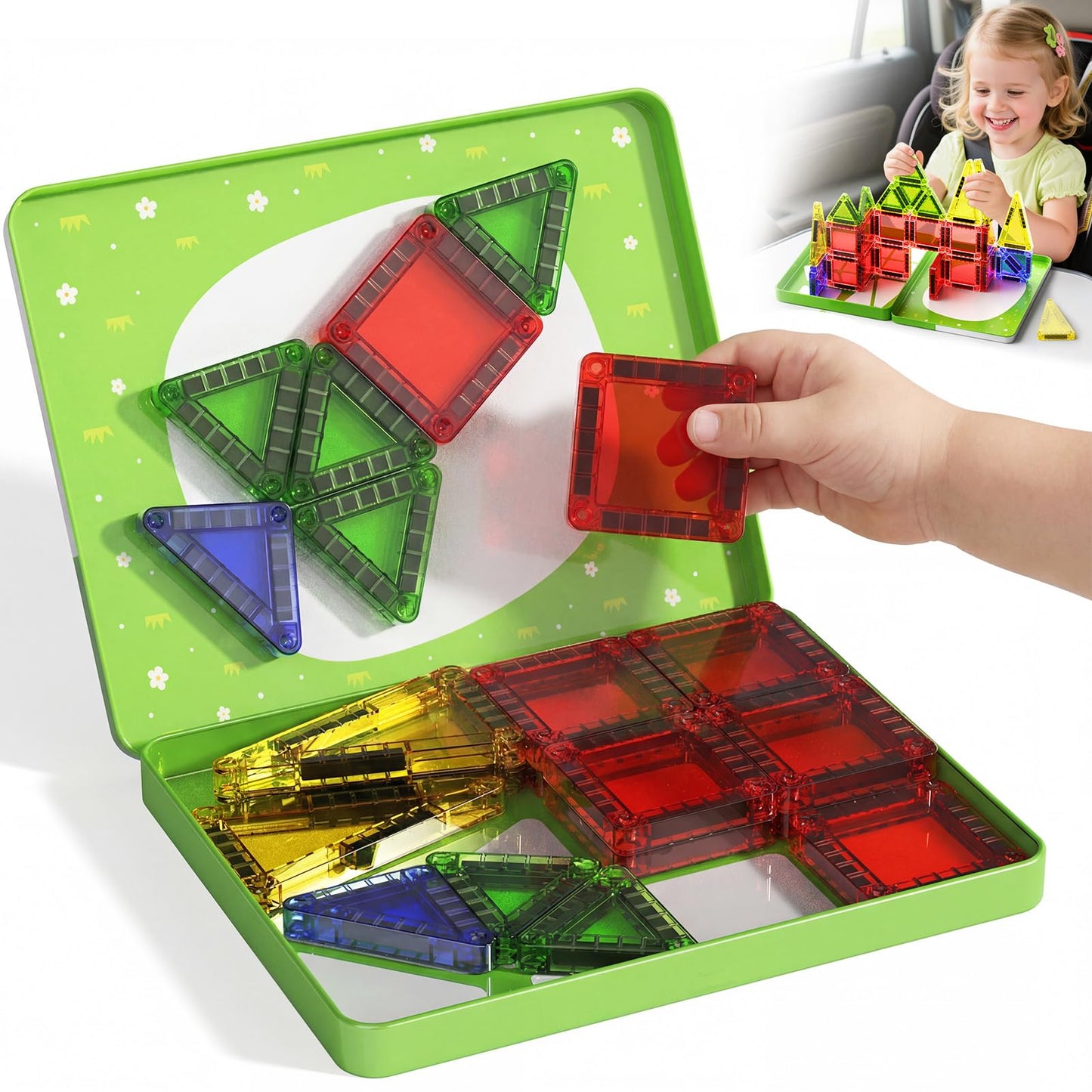 Gamcrown Travel Magnetic Tiles for Kids Car Games: 26 PCS Mini Magnet Building Blocks in Tin Box to Stop Crying - 0.64 lb Pocket Size Educational Toy - Road Trip Essentials - Boys Girls Age 3-8