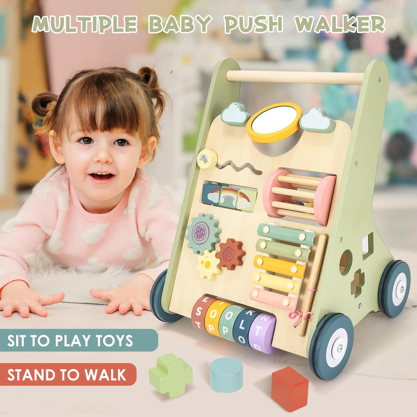 Baby Push Walker, Wooden Baby Walker with Wheels, Montessori Walker for Babies 6-12 Months, Adjustable Speed Push Walking Toys for Boys & Girls 1 Year Old, Christmas Birthday Gifts for Toddler