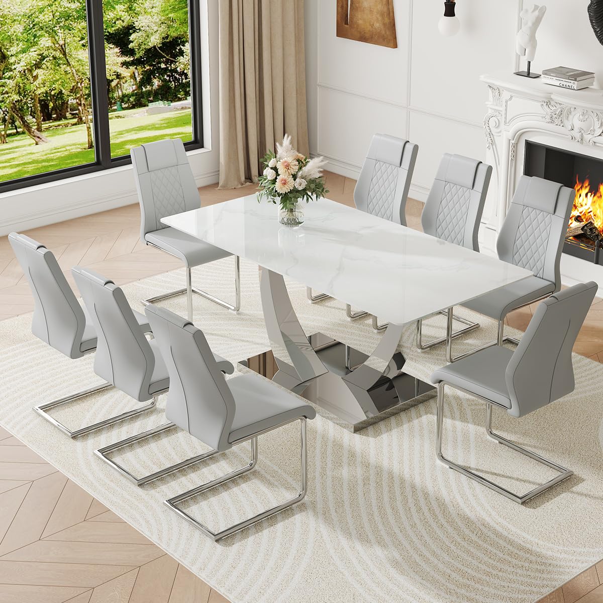 NYEESS 71" Dining Table Set for 8, White Dining Room Table Set with 8 PU Leather Chairs, Rectangular Faux Marble Kitchen Table Set for 8 with Tempered Glass Top and Silver Chrome Base
