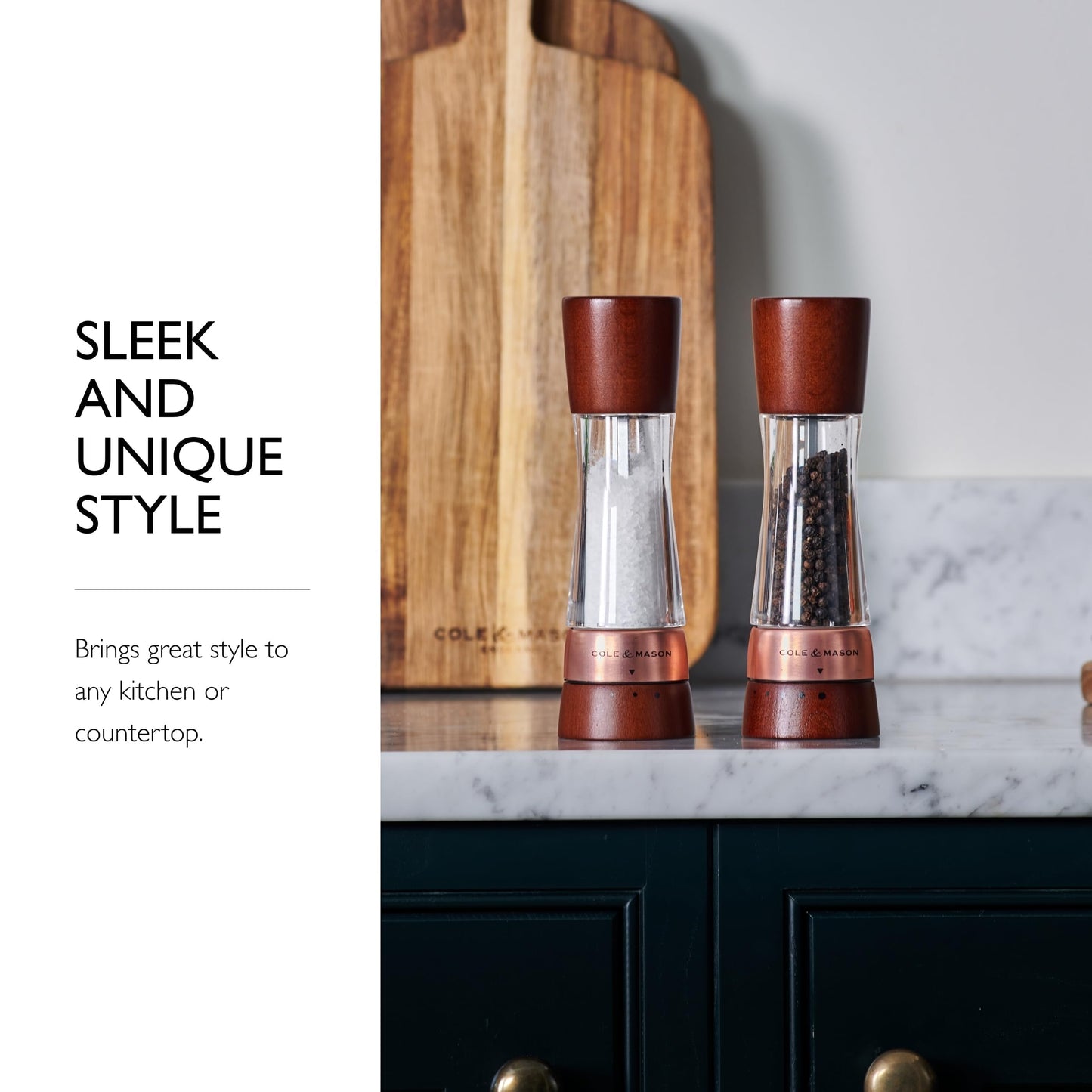 Cole & Mason Derwent Salt & Pepper Mill Gift Set - Salt & Pepper Shaker & Grinder with Adjustable Coarseness - Gourmet Precision Mill Set - Stainless Steel & Acrylic Grinders - Rose Gold
