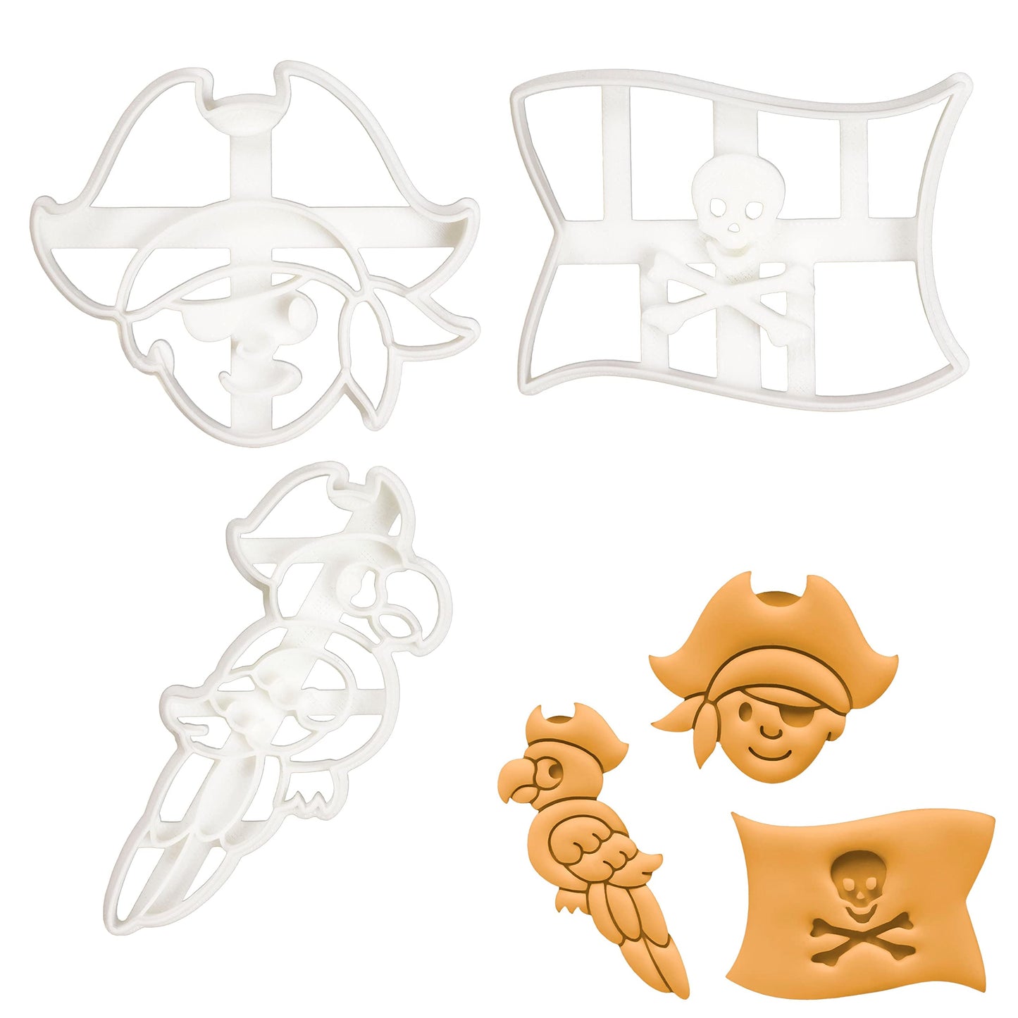 Bakerlogy Pirate Theme Cookie Cutters (Pirate Flag, Boy, Parrot) - Set of 3 Pieces