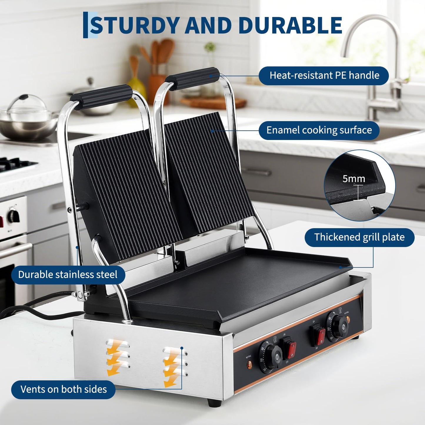 MilleLoom Commercial Panini Press Grill with 19"x 9" Grooved Top and Smooth Bottom Plates for Burgers Steaks Panini, Countertop Electric Sandwich Maker with Adjustable Temp Control, 110V/220V, 3600W