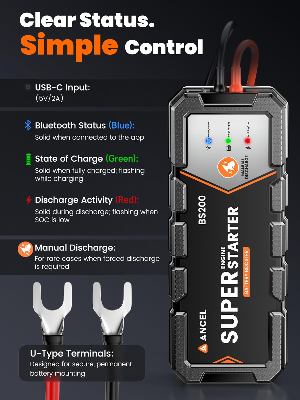 ANCEL BS200 Super Starter - Permanent Connected Starting System with Super Capacitor, Car Battery Jump Booster & Health Monitor via App, -40℉~176℉ in-Cabin Jump Box for 3.0L Vehicles