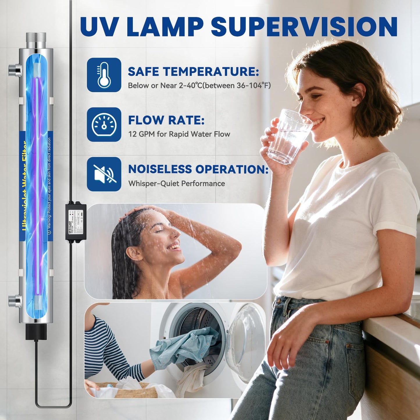UV Water Filter Whole House, 3/4" MNPT Inlet/Outlet Water Purifier Filter System for Whole House Water Purification, 12GPM, 120V, +1 Extra Bulb