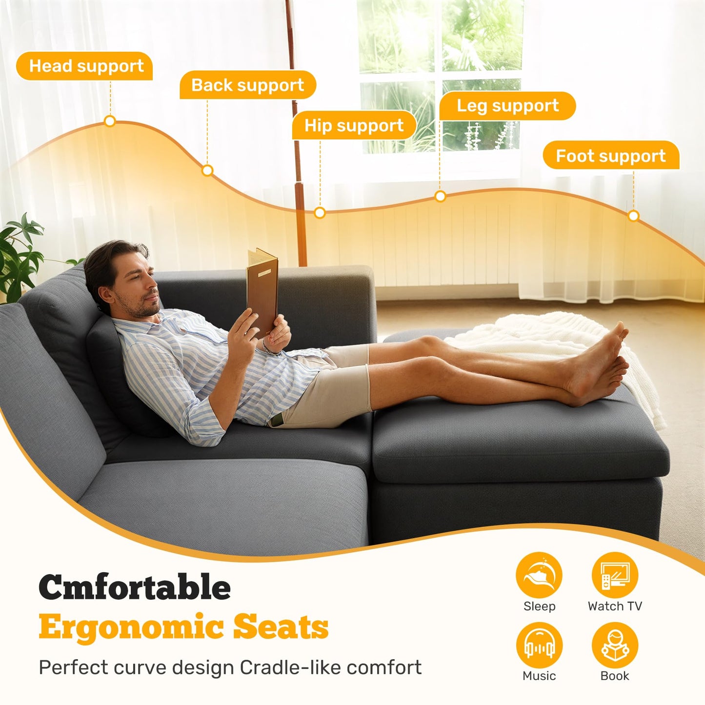 Luxanimarion 115" Cloud Boneless Sectional Couch, Deep Seat L Shaped Modular Couch with Ottoman, Oversized Upholstered Convertible 4 Seater Modular Sofa for Living Room,Black Chenille