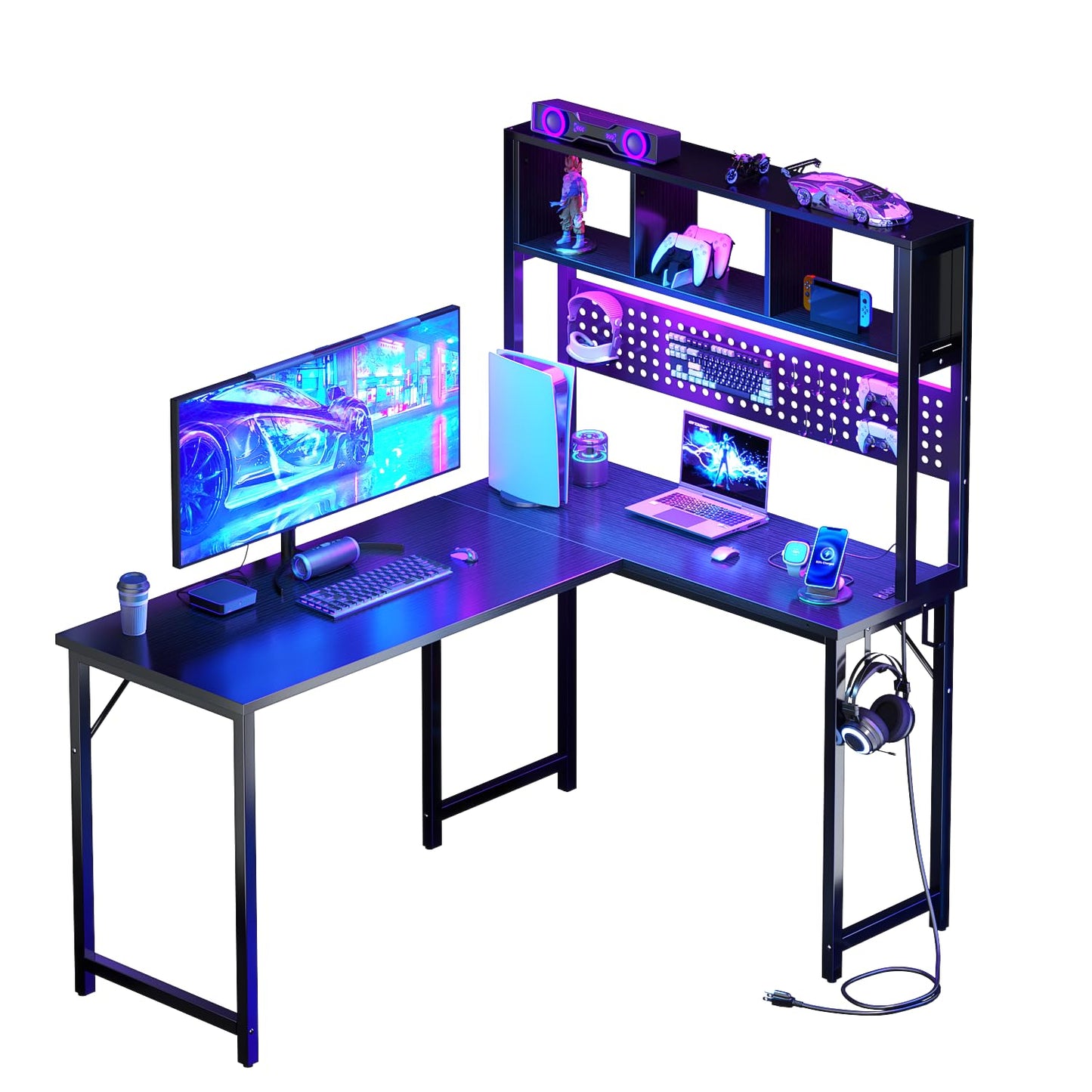 Small Black L Shaped Gaming Desk with Hutch , 47 Inch Corner Gaming Desk with Storage Shelves for Bedroom Small Space, Reversible L-Shaped Computer PC Desks with Pegboard LED Light for Kids Boys Girls