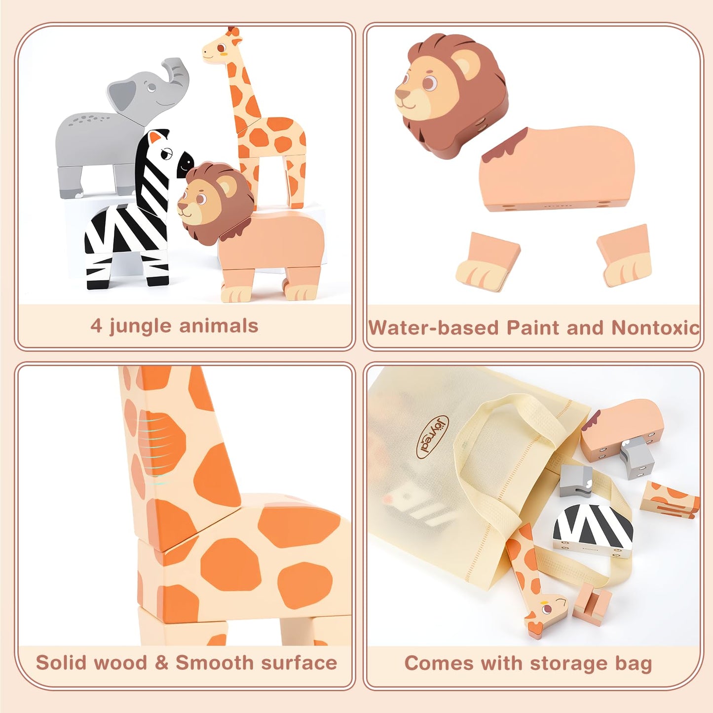 Joyreal Magnetic Jungle Animals Toy Play Set, 16 Pcs Wooden Building Blocks Play Set Toy for 1 Year Old, Fine Motor Montessori Game Preschool Educational Gift for Ages 1-5