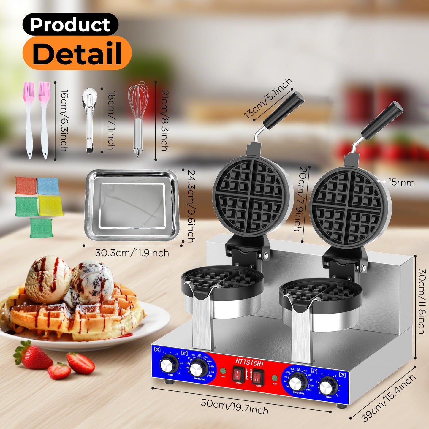 HTTSICHI Commercial Belgain Waffle Maker - Rotating Double Waffle Maker w/Non-stick and 1.2 in Thick, Filp Belgian Waffle Machine w/ 122-572℉ Temp Range and Timer, Stainless Steel Waffle Iron, 2400W