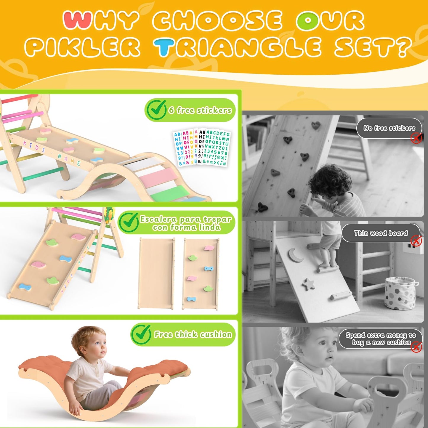 Acenova Pikler Triangle Climbing Set with Cushion and DIY Name Stickers, Montessori Wooden Climbing Gym for Toddlers, Indoor Jungle Gym, Dinosaur Pikler Triangle Arch Ramp Climber Toy