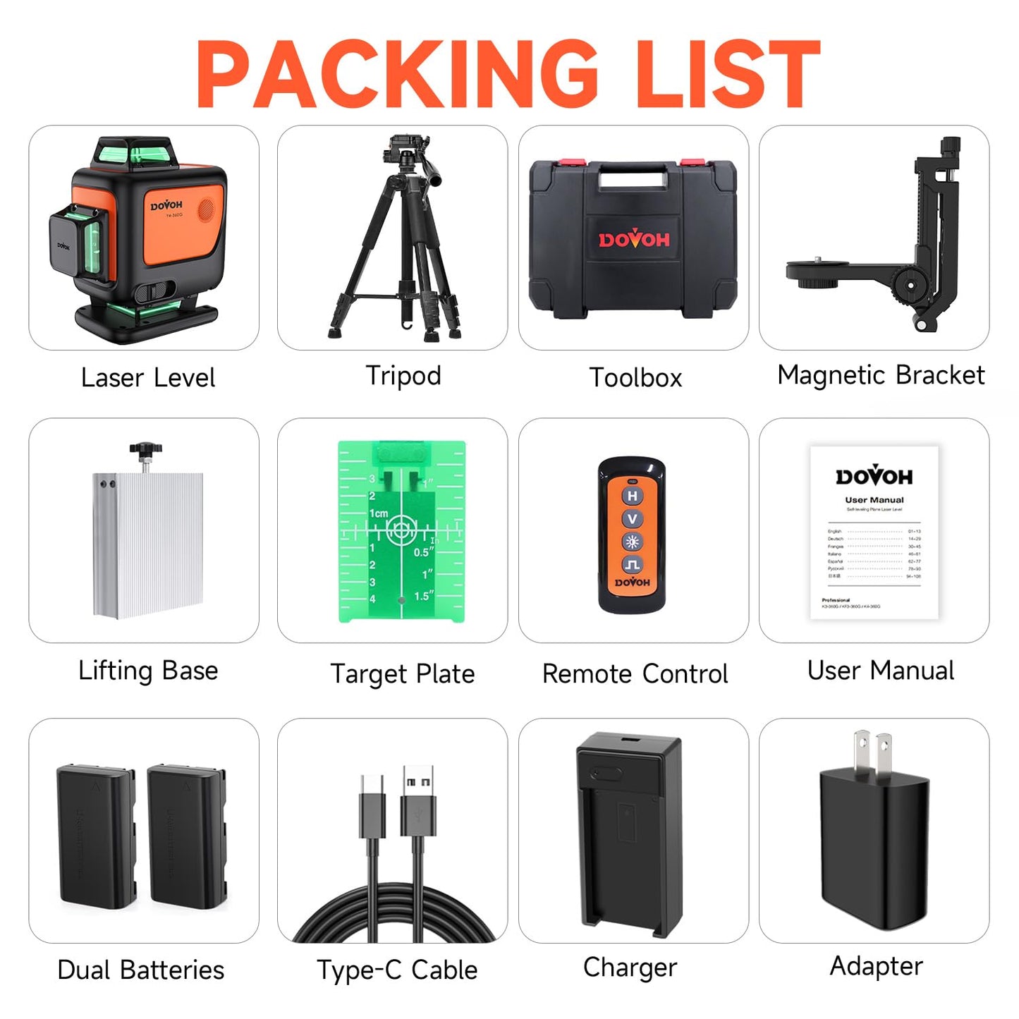 DOVOH 4D Laser Level with Tripod : Dual Batteries Laser Level 360 Self Leveling Green Hard Toolbox for Construction Floor Tiling Ceiling, Class Ⅱ, Y4-360G-KIT