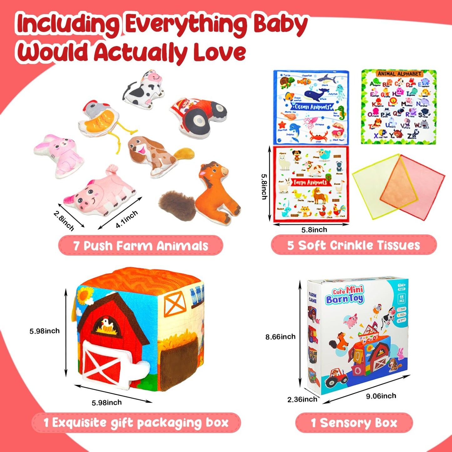 Baby Tissue Box Toys for 6-12 Months, 13PCS Surprise Barn Toy with Stuffed Farm Animals, Rattle, Soft Paper, Mirror, Montessori Educational Sensory Toys for Babies,Sensory Toys for Toddlers
