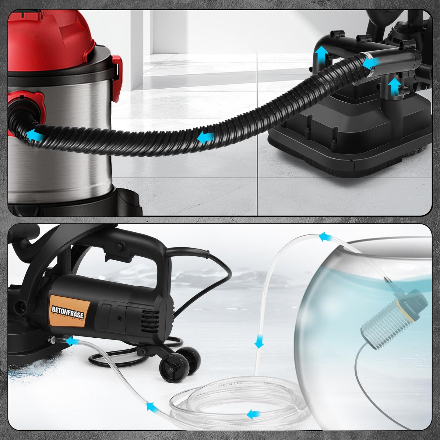 4-Head Concrete Grinder Set with Long Handle & Dust Extraction Shround, 4'' 3800W 6000RPM Concrete Floor Grinder Concrete Surface Planer 6 Gears & Auxiliary Wheels for Grinding Concrete Cement Marble