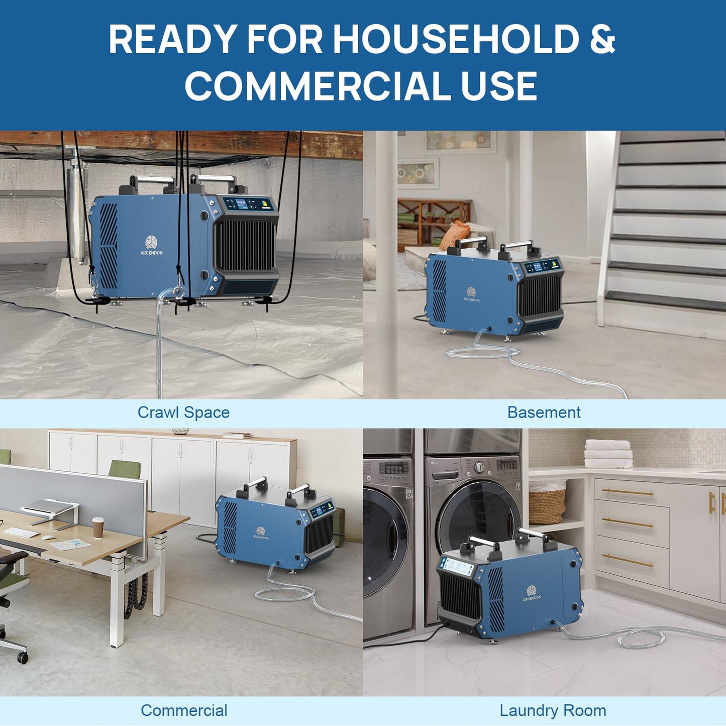 ARGENDON 145 Pint Crawl Spaces Dehumidifier with Pump, Energy Star Certified Commercial Dehumidifier with Drain Hose for Basement, Auto Defrost, Compact, Large Spaces up to 1800 Sq.Ft