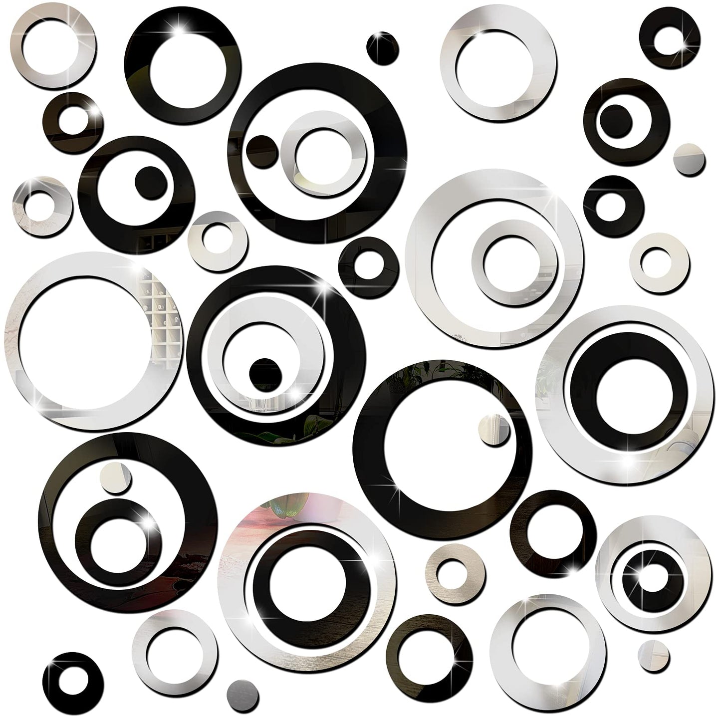 Outus 72 Pieces Wall Stickers Decor Acrylic Circle Mirror Removable Black and Sliver Wall Decor Round Dots DIY Red Living Room Decals Modern Art Murals for Home Bathroom Bedroom Decoration