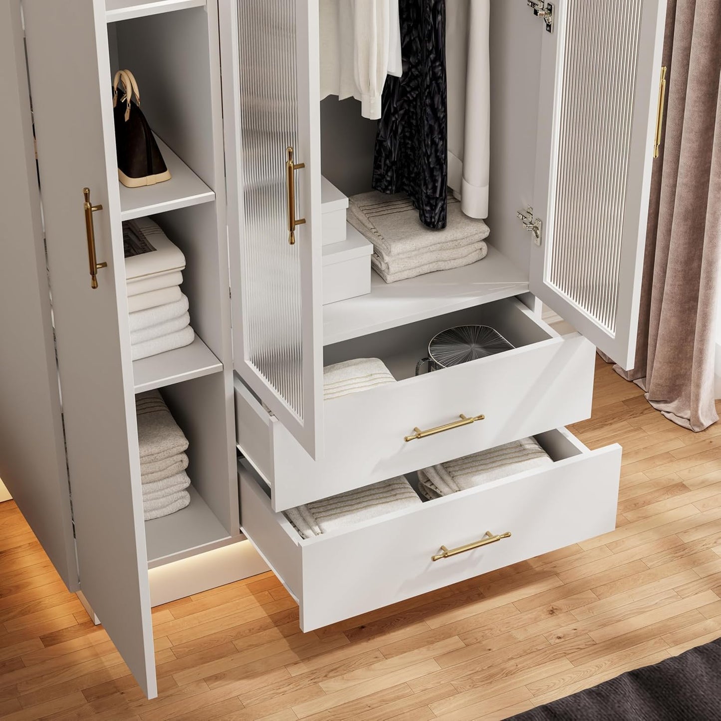 GarveeHome Bedroom Armoire Wardrobe Closet with 3 Doors & 2 Drawers, 71" Tall Wooden Large Armoire Storage Cabinet with Modern Fluted Glass & Shelves, w/Hanging Rod, Sturdy Frame, for Bedroom, White