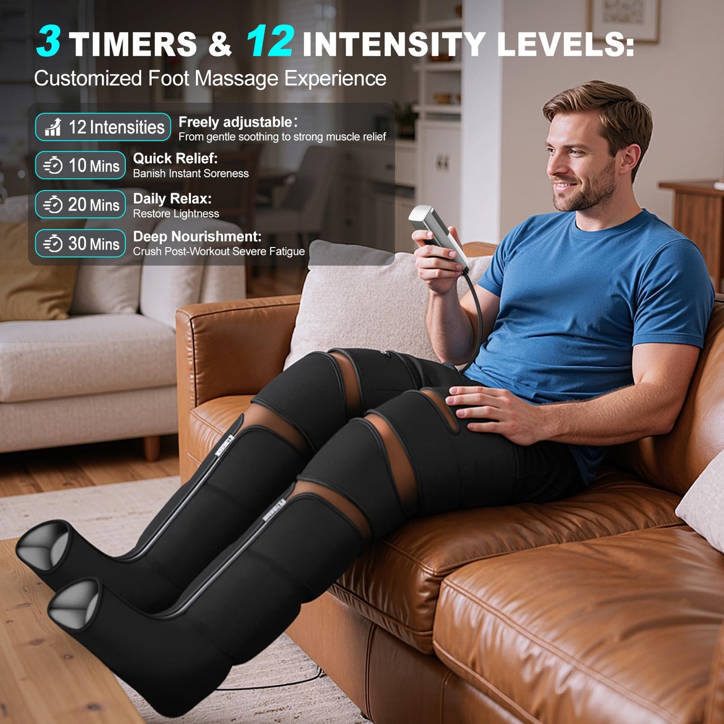 pryfey Leg Massager with Heat and Compression, Foot Massager for Circulation and Pain Relief, 3 Timers, 12 Intensity, 6 Modes,3 Heating with Knee Massager,Mother's Day Gifts for Man Woman,Black
